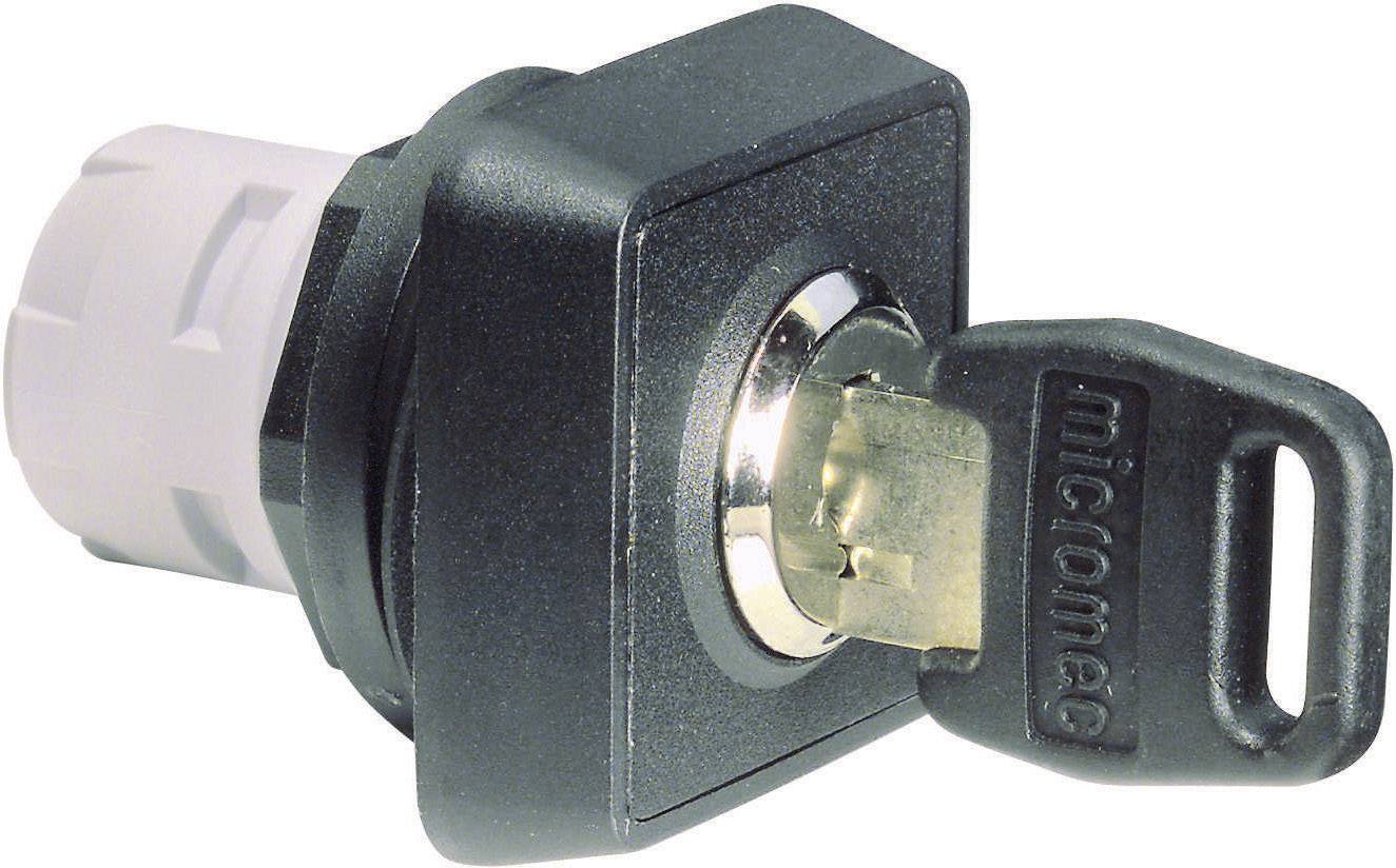 A square metal security lock with a black key inserted. The key is inscribed with the word 'microme'.