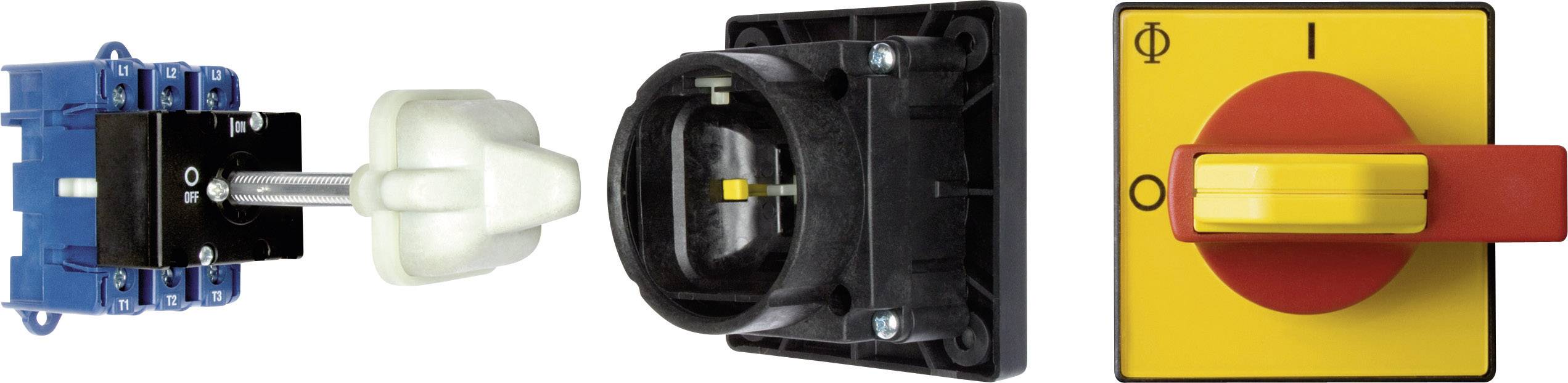 Rotary switch with a yellow handle and red base on a rectangular plate, showing on/off position, mounted on a black enclosure.