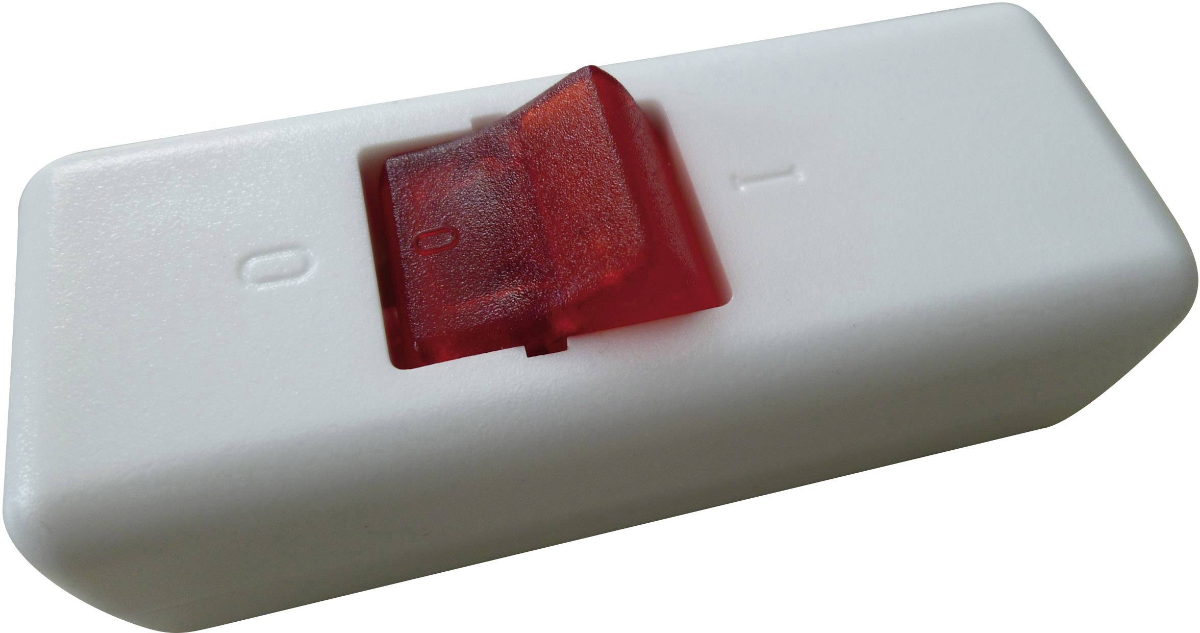 A white toggle switch with a red lever. The '0' position is off, the 'I' position is on. The lever is set to 'I'.