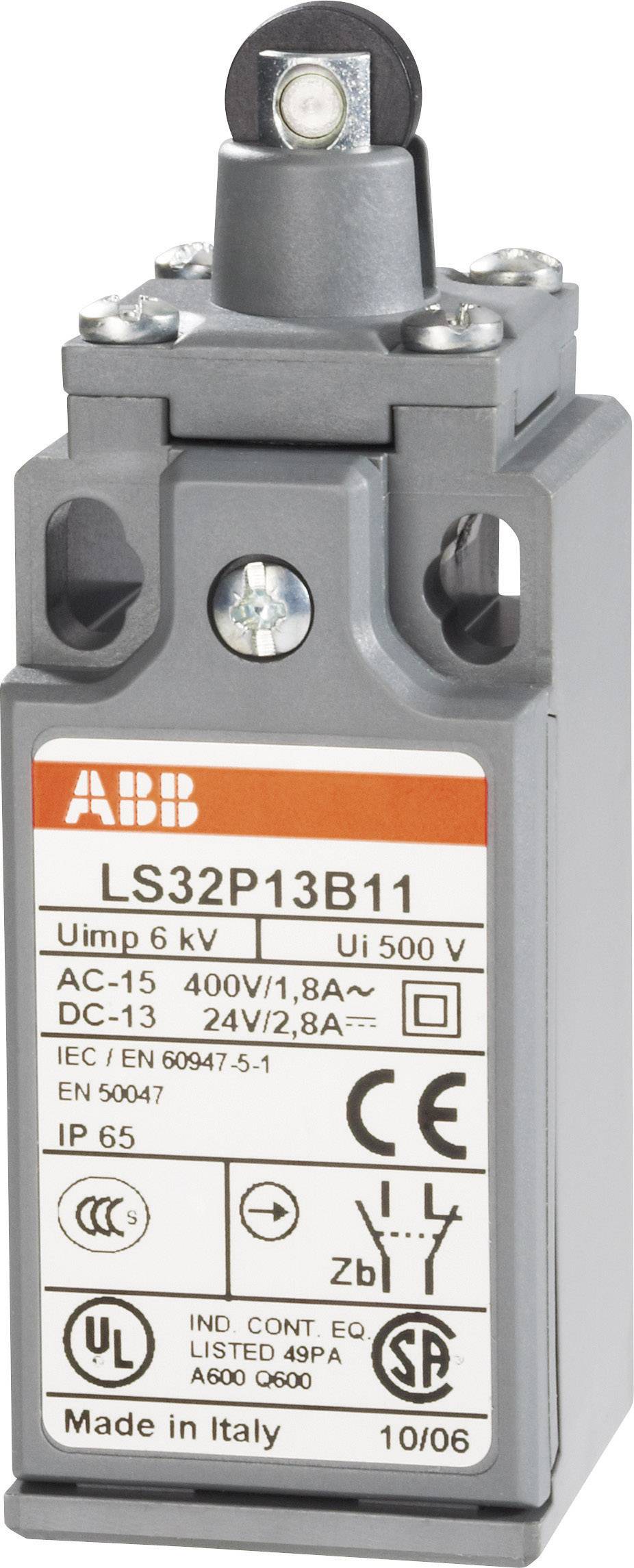A grey limit switch from ABB, model LS32P13B11, displays technical specifications such as voltage and protection rating IP65.