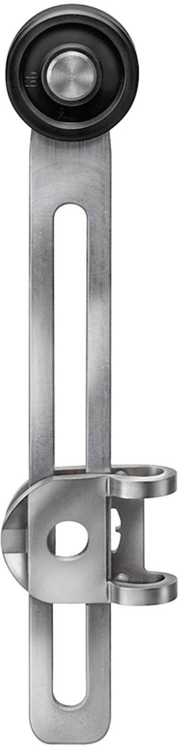 Metallic standard articulated arm, vertically aligned, with a round mounting point at the top and an adjustable clamping device at the bottom.