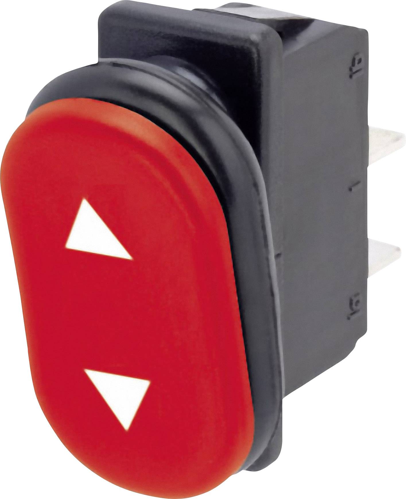 Red toggle switch with white triangles pointing up and down. Used to change settings in electronic devices.