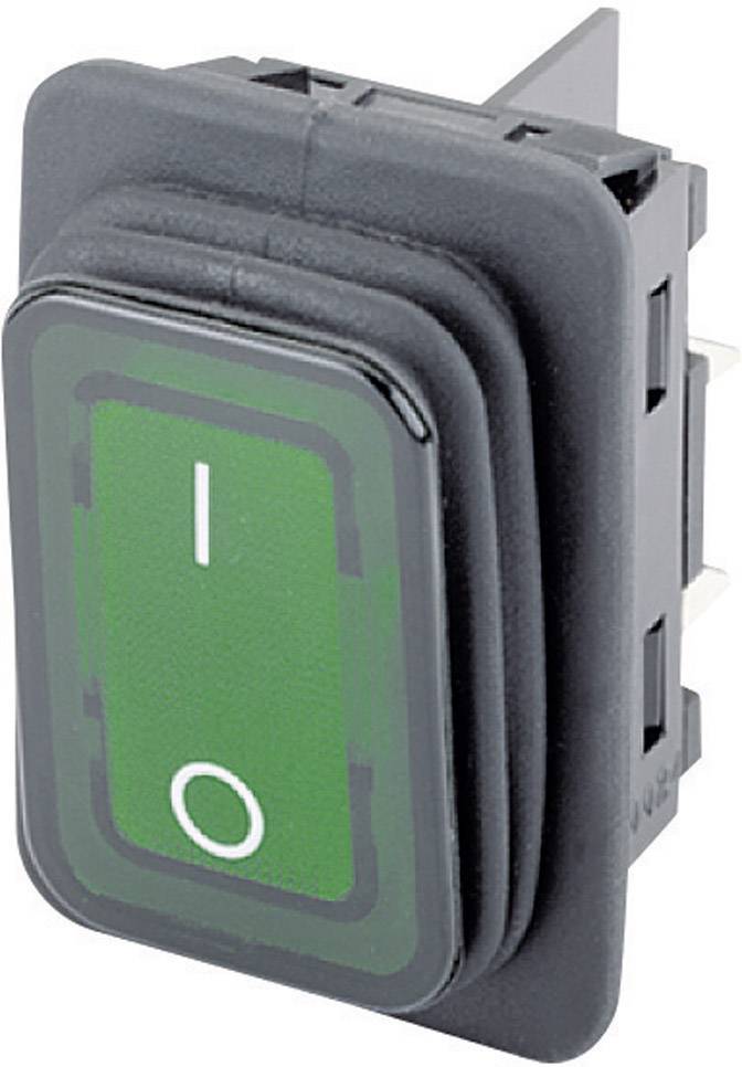 A green rocker switch with a white 'I' position (On) and 'O' position (Off). The switch is for electronic devices.