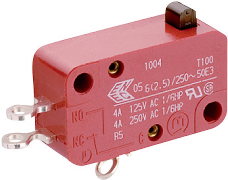 Red micro switch with markings '125V AC', '4A', '250V AC', '1/6HP'. Two metal terminals on the left, a black switch on top.