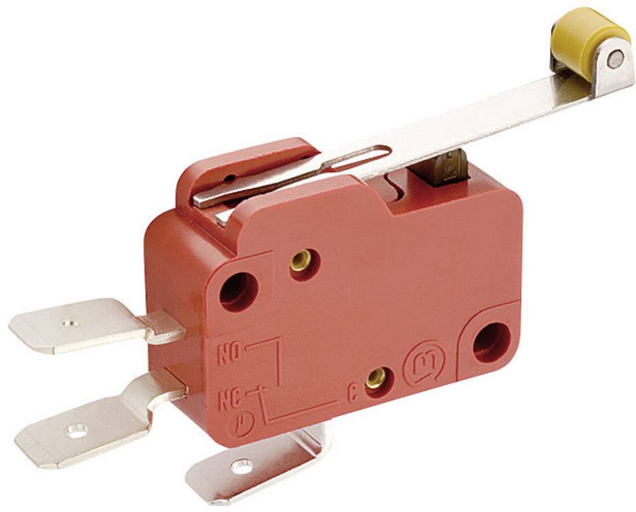 Red microswitch with lever and three terminals, one in NO (Normally Open) position. Commonly used in electrical devices.
