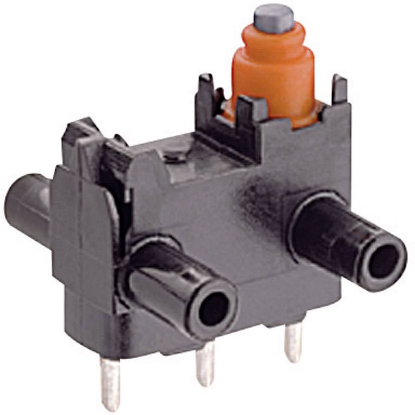 A black micro switch with a red push button and three pins, suitable for electronic devices.