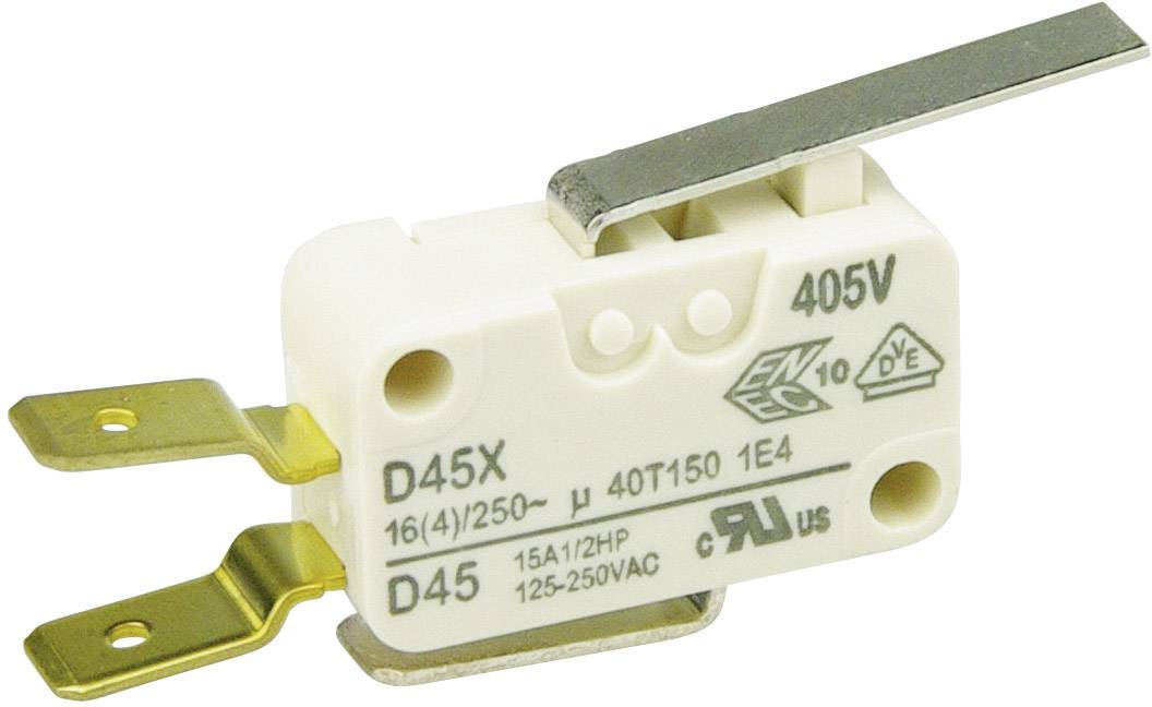 A white microswitch with golden connection terminals. Marking: 'D45X', '16(4)/250~', '40T150', '405V'. Suitable for 125-250VAC.