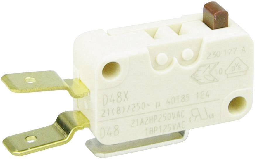 A microswitch in white, with two metal hinges. Suitable for 250VAC and 125VAC applications.