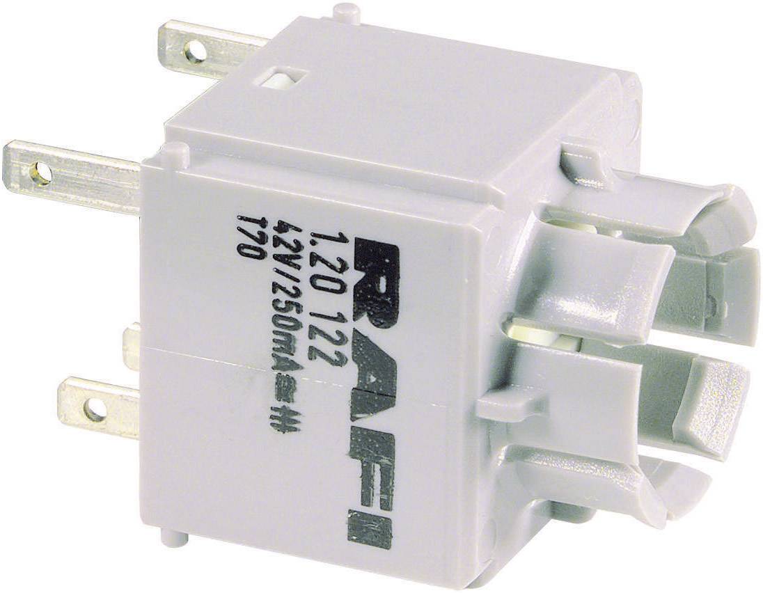 A rectangular, grey electrical component with three metal pins on the side. Inscription: 'RAFI 1.20122 12V/250mA'.