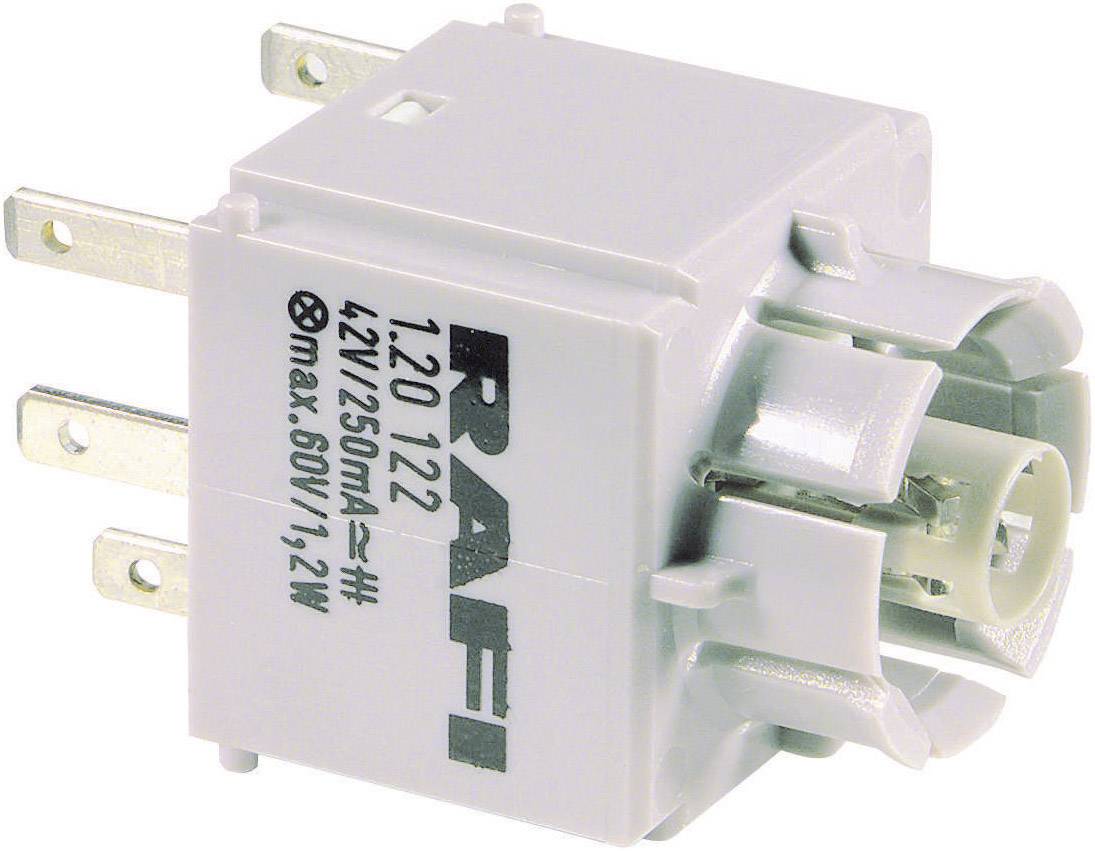 White electric switch component with multiple metal pins. Markings: 'RAFI', '42V/250mA', 'max. 60V/1.2W'.