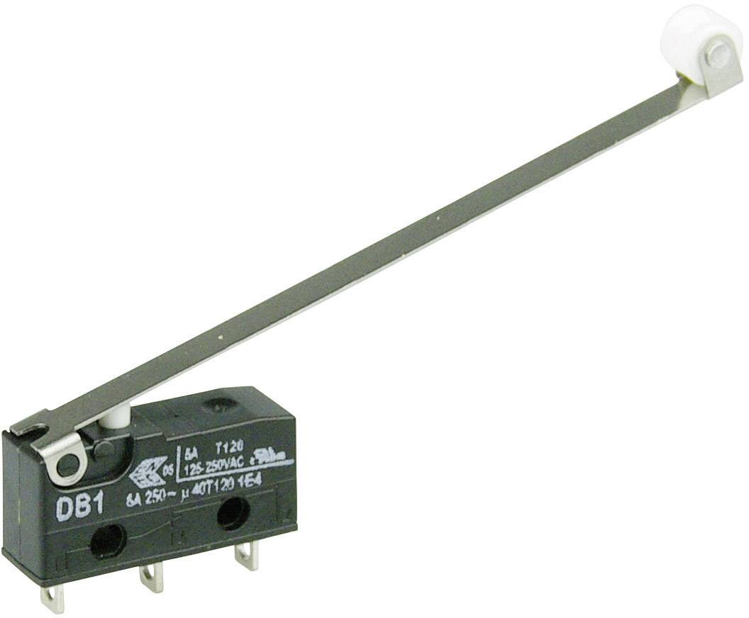 A microswitch with a long lever arm and a white roller head. The switch is black and has three terminals.