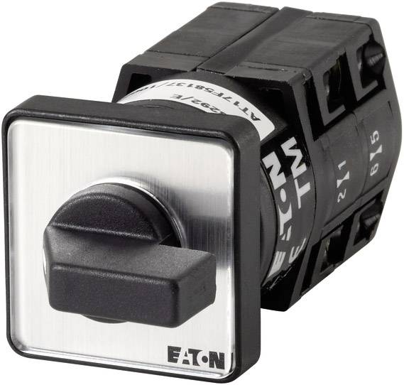 A square switch by Eaton in a black and silver casing, with a rotary knob in the centre.
