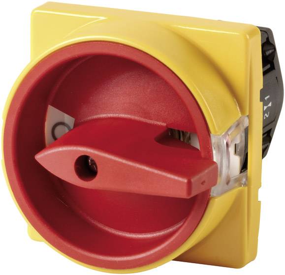 A red emergency stop switch on a yellow background, indicating that a device might be switched off or needs to be secured.