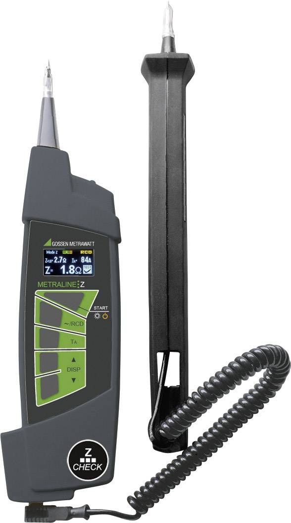 A digital testing device with two measuring probes, a display showing measurements, and a spiral-shaped cable.