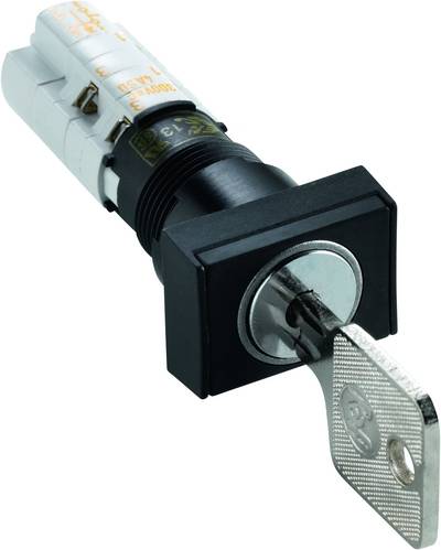 A metal key switch in a black housing, with a key inserted. The switch is often used for controlling devices.