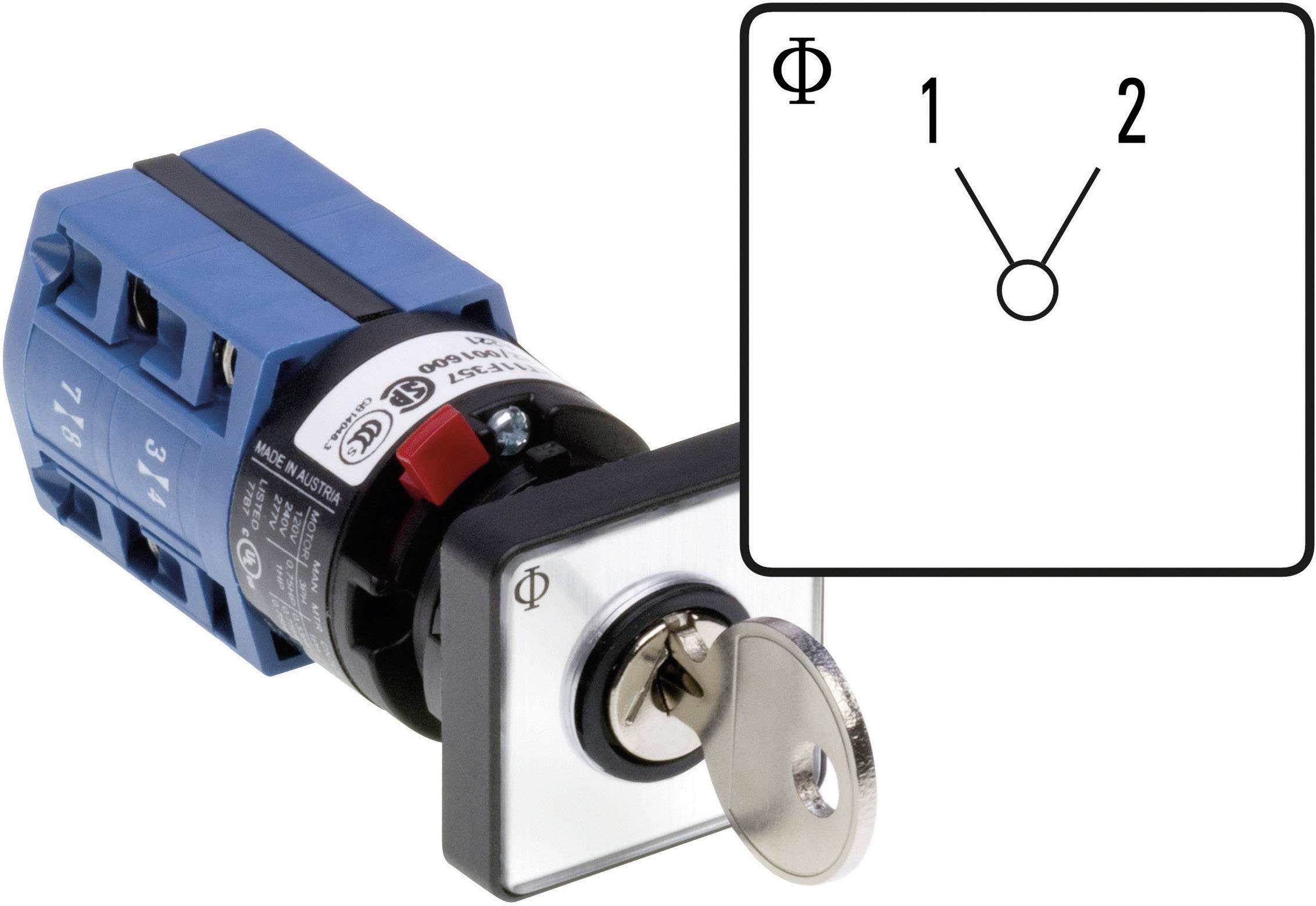 Two-position key switch, with '1' on the left and '2' on the right, showing electrical circuit diagram beside the switch.