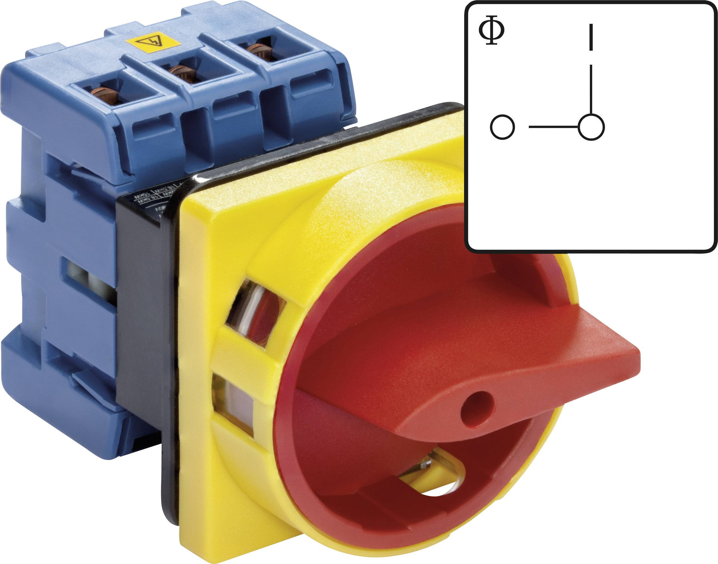 Yellow emergency stop switch with a red handle, mounted on a blue housing. To the right, a symbol shows a single-pole circuit.