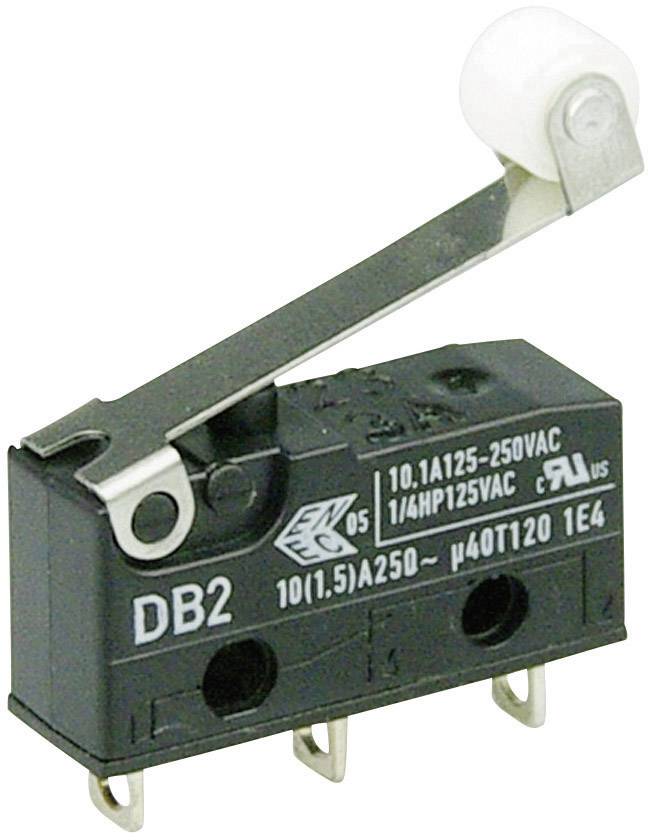 Rocker switch with lever and wheel, black, Model DB2, technical specifications for voltage and current rating on the side.