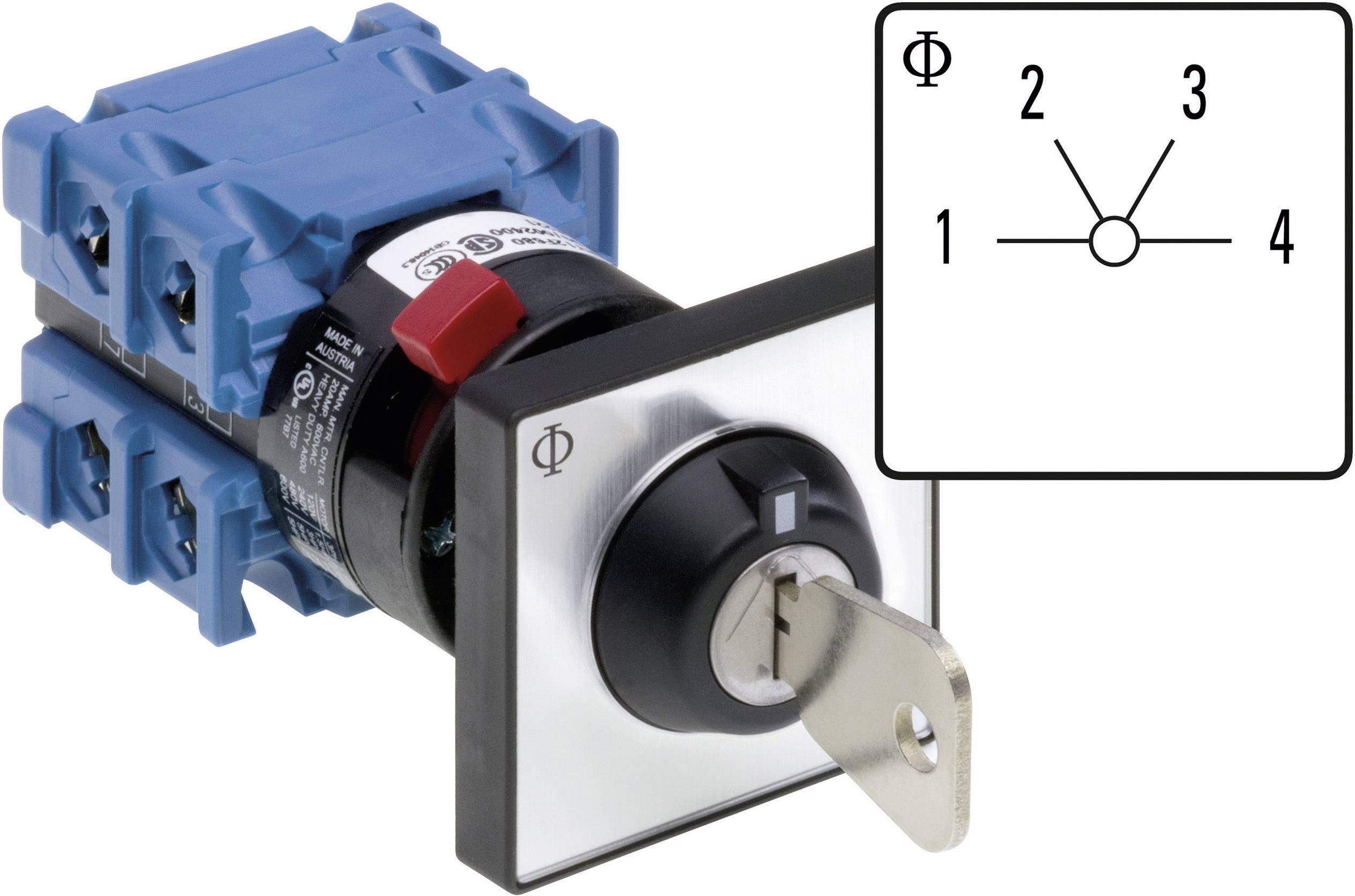 A blue and black key switch with four connection points. Top right, a circuit diagram with numbers 1 to 4.