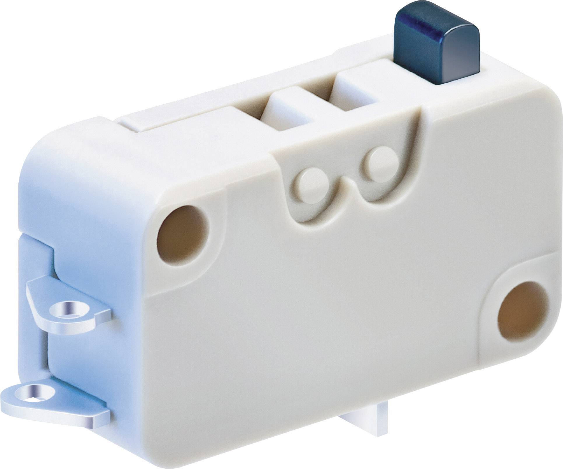 A small, white microswitch with a blue button and two mounting screw holes on the left.