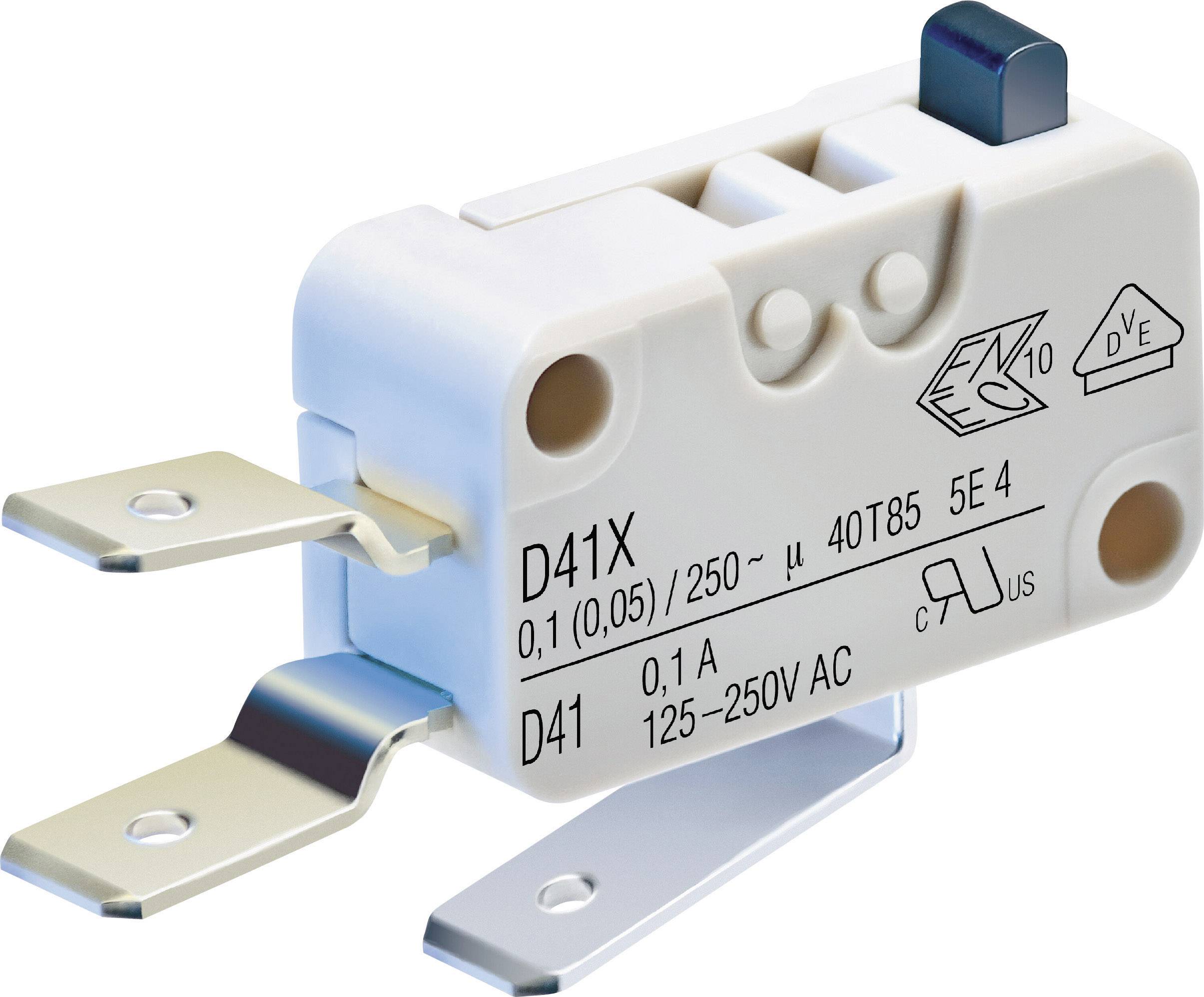 A white electric micro switch with three metal terminals, Model D41X, suitable for 125–250V AC and temperatures up to 85°C.
