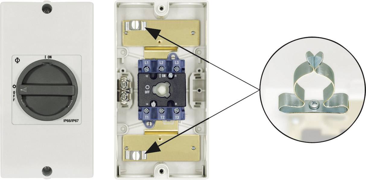Rotary switch with open back reveals internal components and connecting elements. Detailed view emphasises key part.