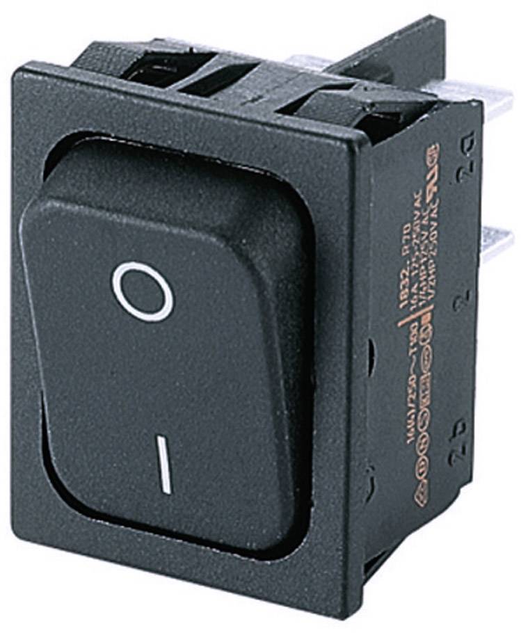A rectangular rocker switch in the 'off' position. It is black with a white circle at the top and a horizontal line at the bottom.