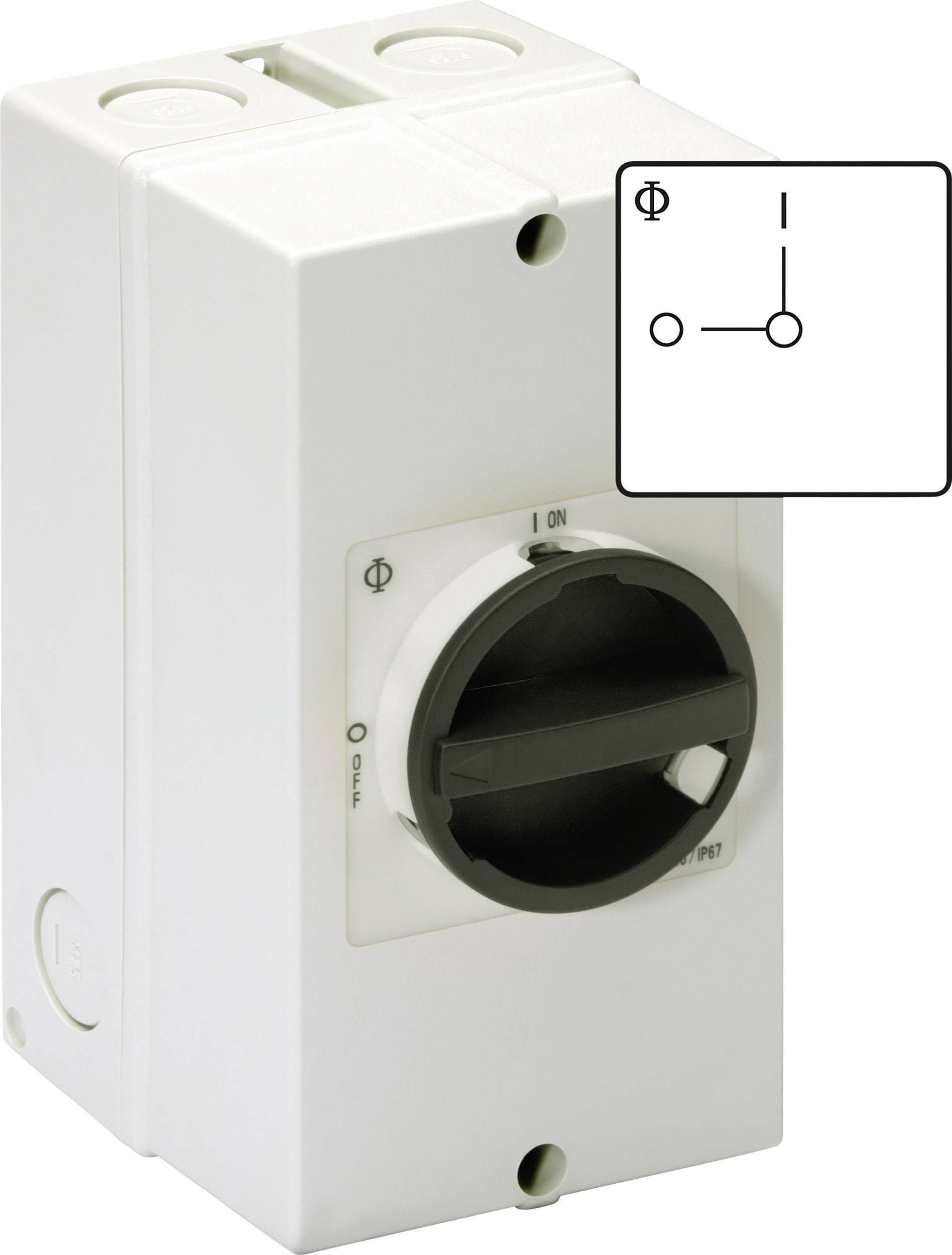 White rotary switch with a black handle; the diagram in the top right shows a simple, open electrical circuit.