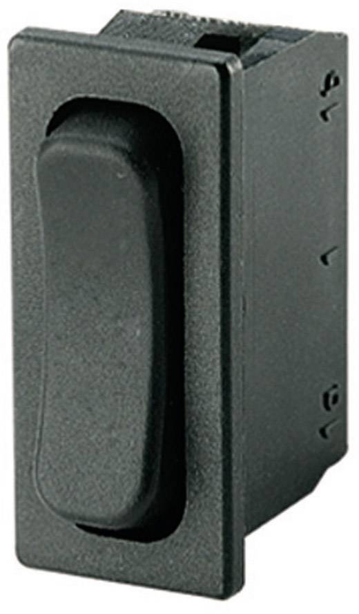 A black toggle switch in close-up, mounted on a rectangular plate.