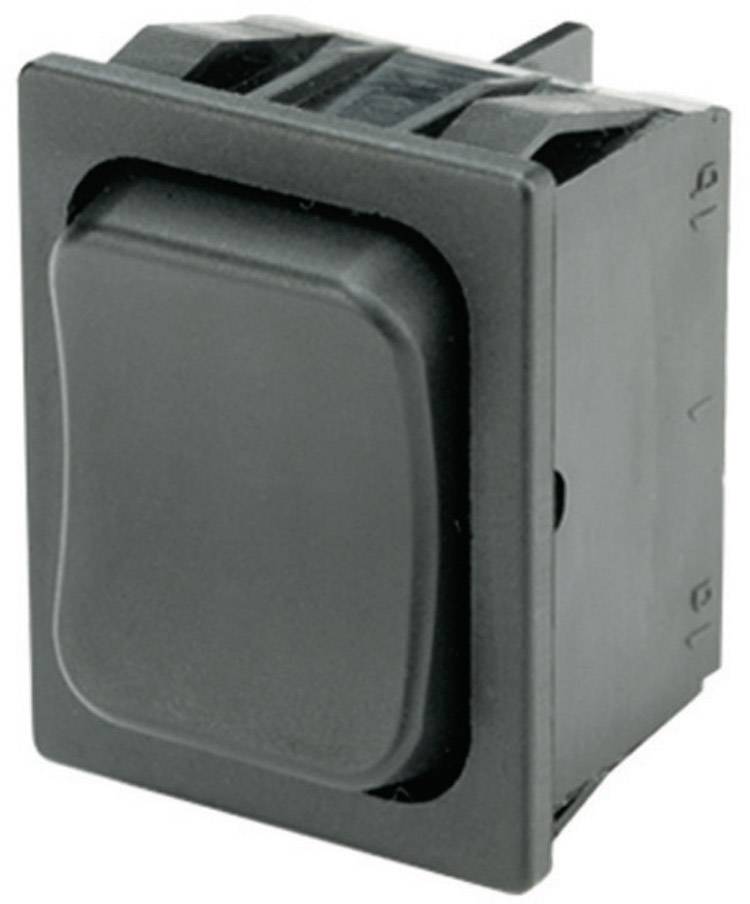 A black, rectangular toggle switch in a mounting bracket.