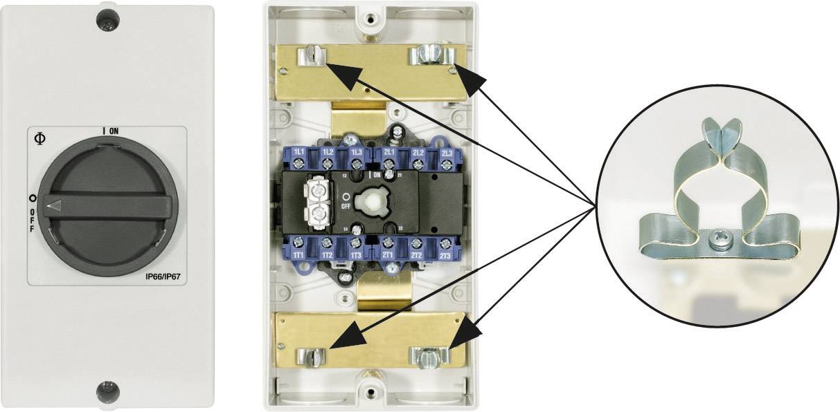 A switch on the left side and an open switch box in the centre with metal contacts and blue wire terminals; on the right, an enlarged image of a metal clip detail.