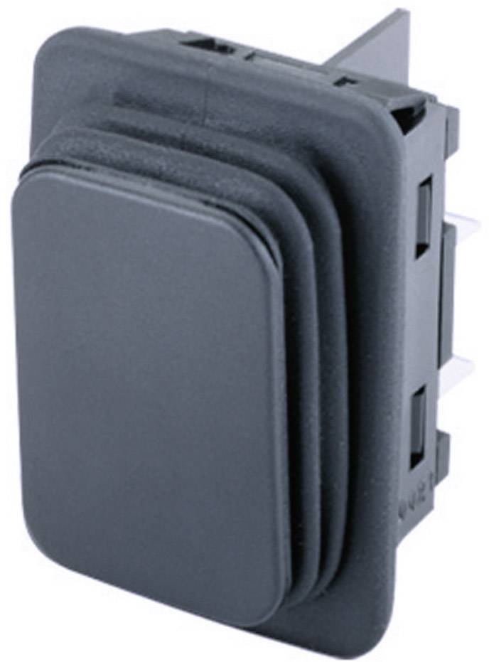 Black toggle switch with a rectangular housing and multiple connection pins on the rear, suitable for electronic devices.