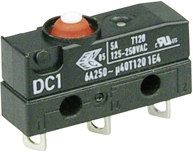 A black micro switch with a red button and labels for electrical specifications and approval marks.