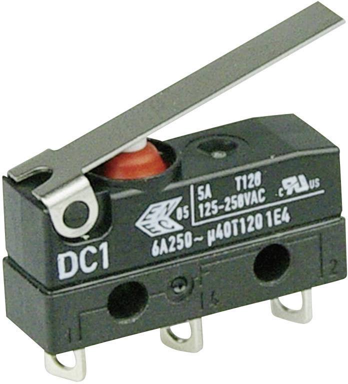 A black micro switch with a lever, red button and three terminal connections. Labelled with technical specifications.