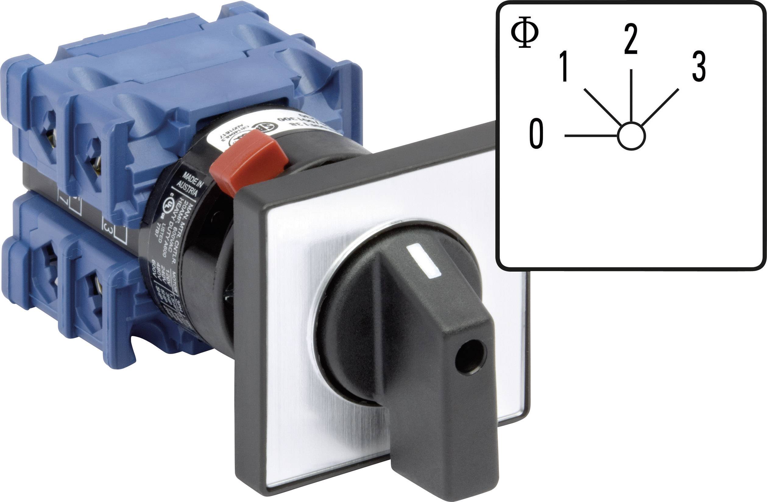 Rotary switch with blue casing and black lever, showing positions 0 to 3. Diagram on the right explains the switch positions.