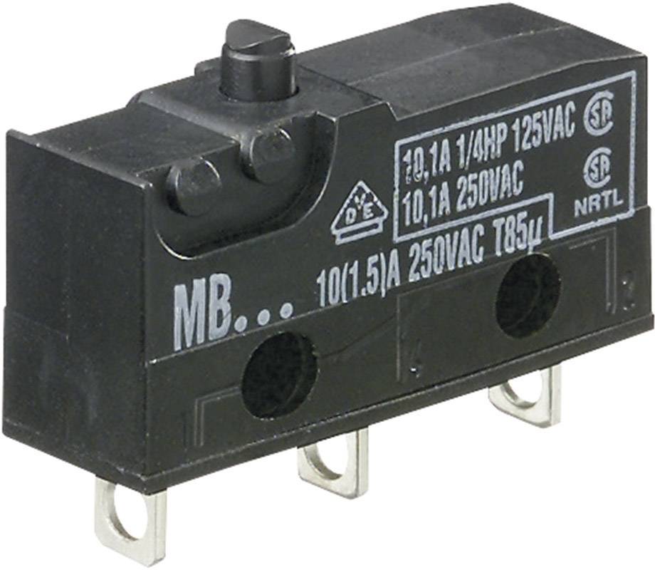 Small black micro switch with three metal terminals and technical specifications printed on the surface.