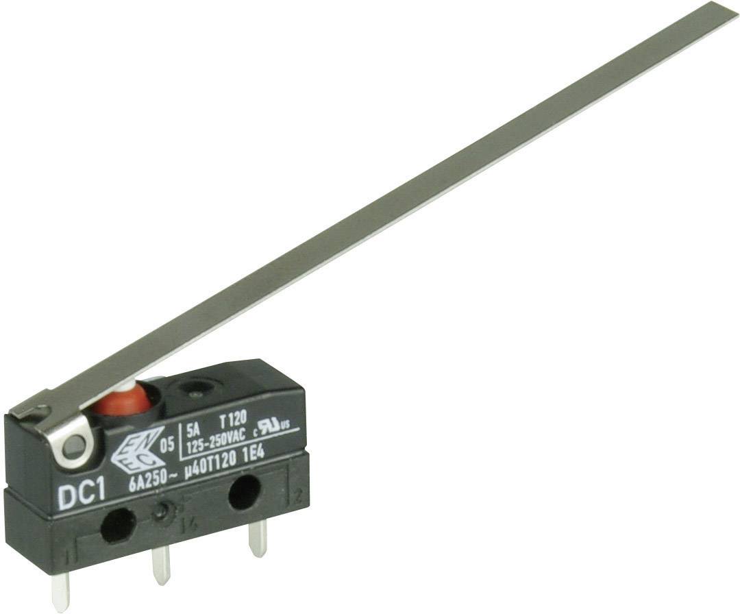 Micro-switch with long lever, three terminals and marking 'DC1 6A 250V'. Suitable for electrical device control.