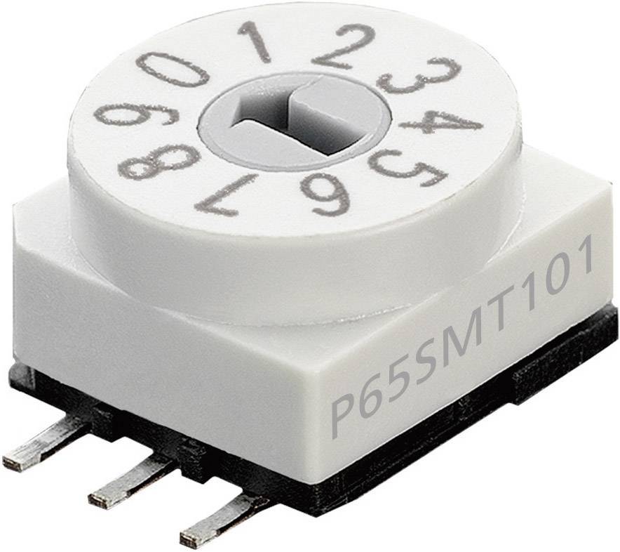 Plastic rotary switch with ten positions, numbered from 0 to 9. 'P65SMT101' printed on the side. Triple-pin connections.