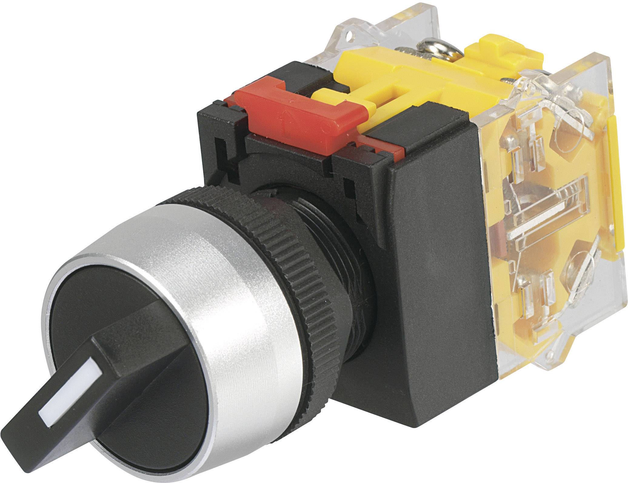 A black rotary switch with a silver rim, mounted on a yellow and red transparent housing. It is used for controlling devices.