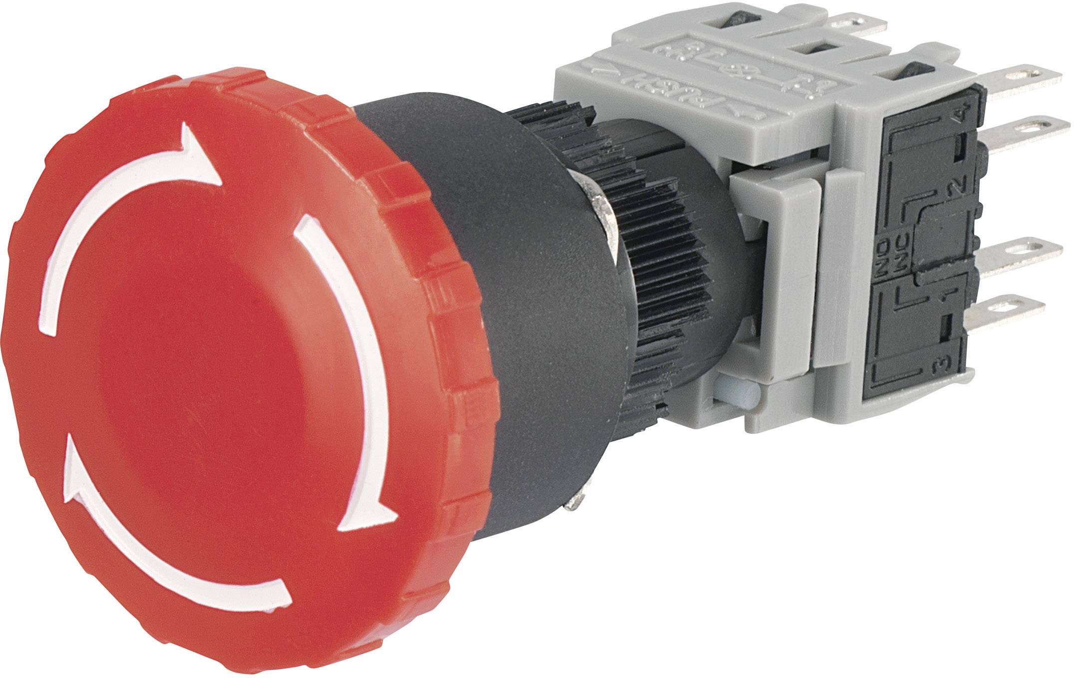Red emergency stop switch with arrows for emergency shutdown on a grey background, rectangular base with electrical contacts.