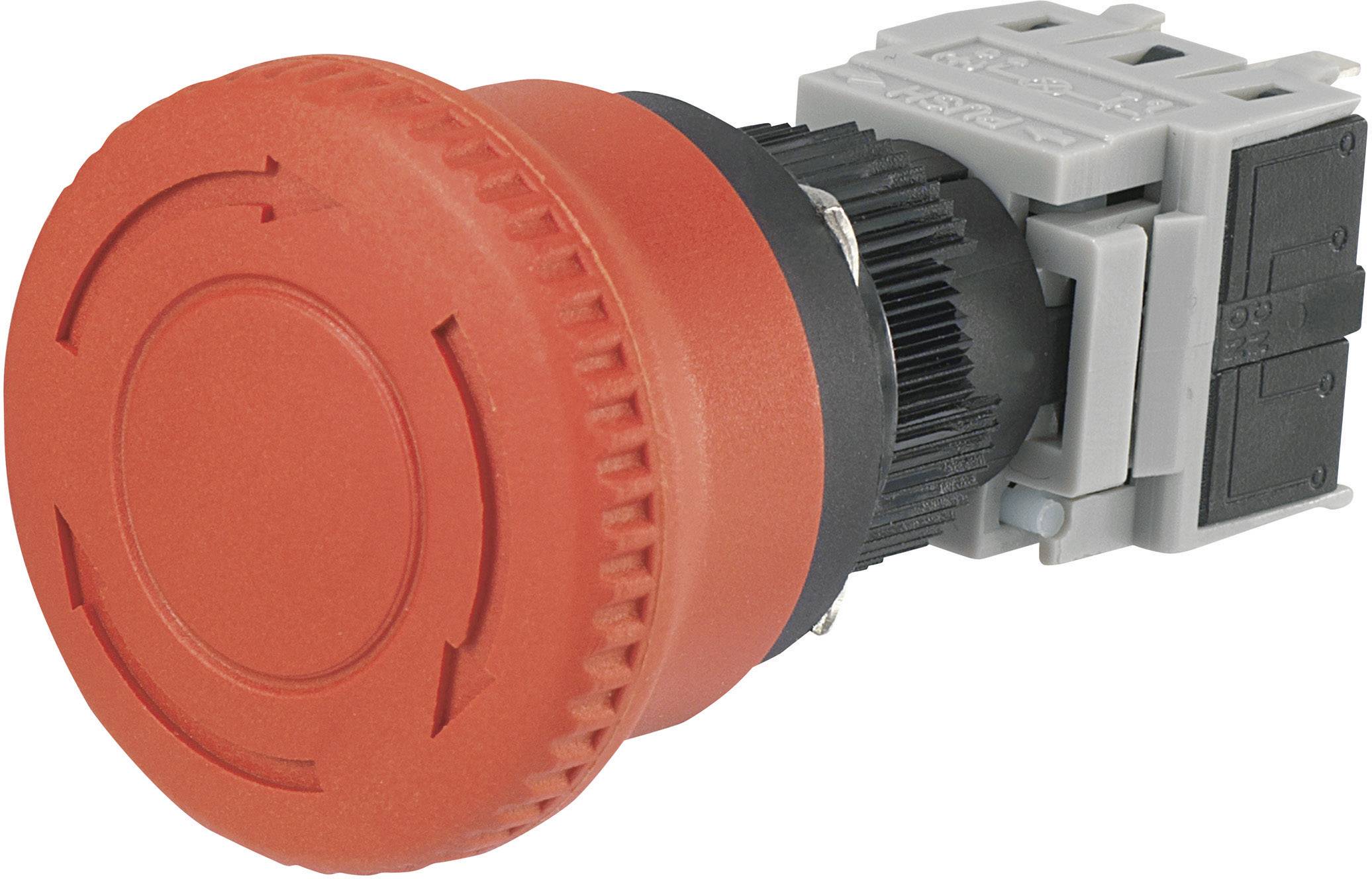 Red emergency stop switch with black and grey base, used for immediate machine deactivation in emergency situations.