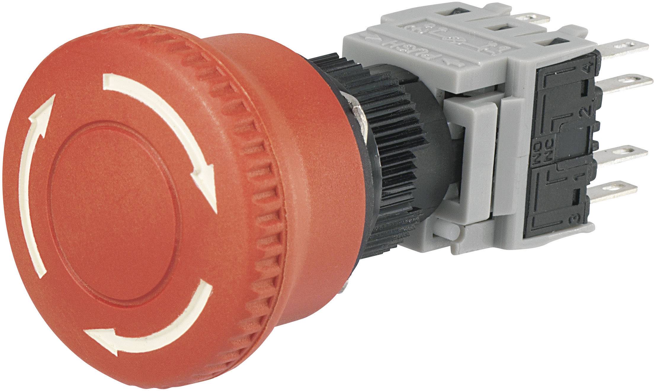 Red emergency stop switch with white arrows, used for immediate shutdown in electrical systems.