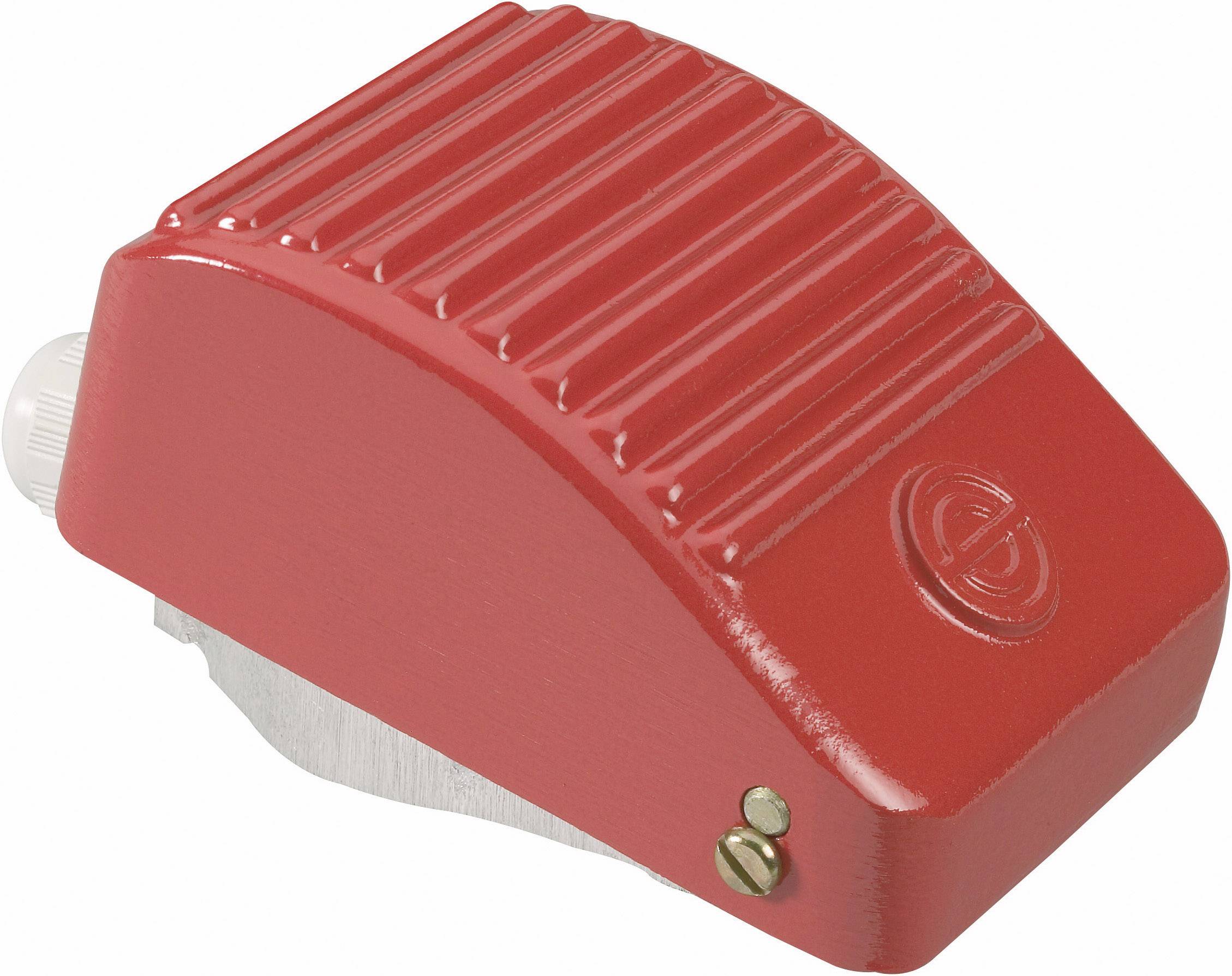 A red, wedge-shaped device with a ridged surface and a circular logo. It is a switch or foot pedal.
