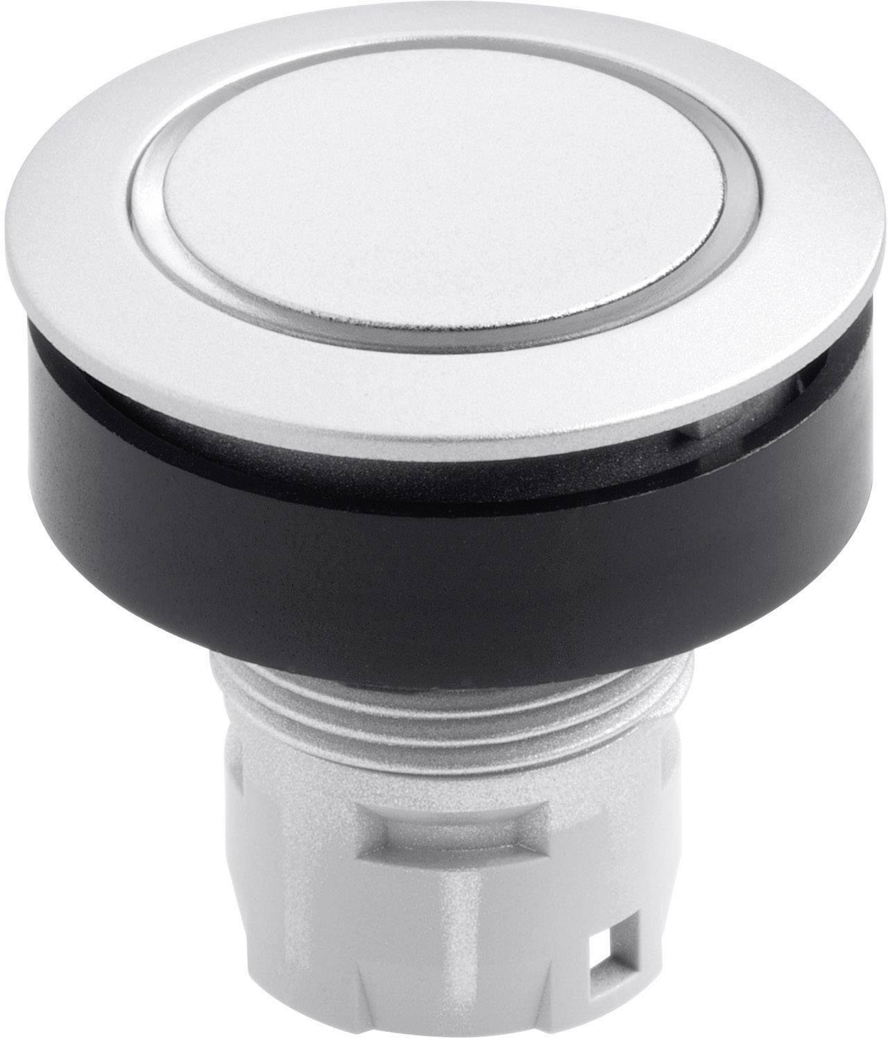 A round push button in silver and black with flush mounting socket, suitable for electrical equipment or fittings.