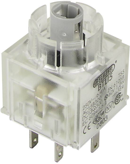 White translucent electrical switch with grey-black control elements, showing technical specifications for electrical applications