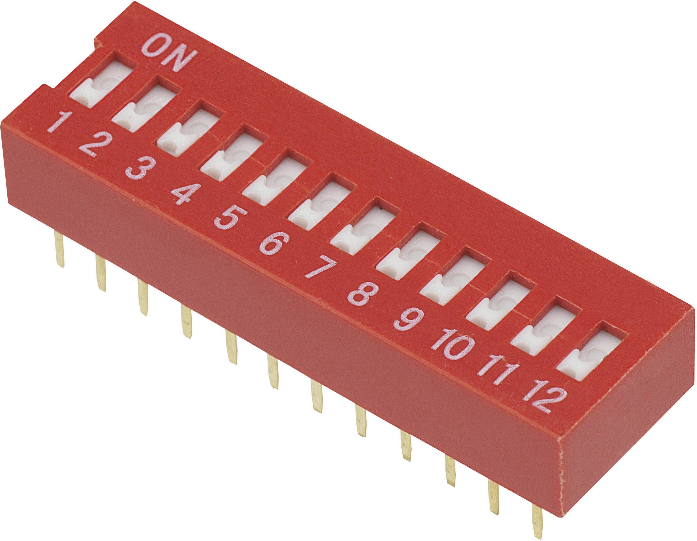 A red DIP switch with 12 switches, numbered from 1 to 12. Switch 1 is positioned to 'ON'.