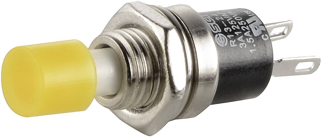 A push button with a yellow head and two metal contacts, suitable for electrical circuits up to 250V.