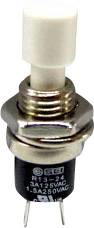 A round pushbutton with a metal casing and plastic button. Technical specifications are printed on it, such as switching voltage.