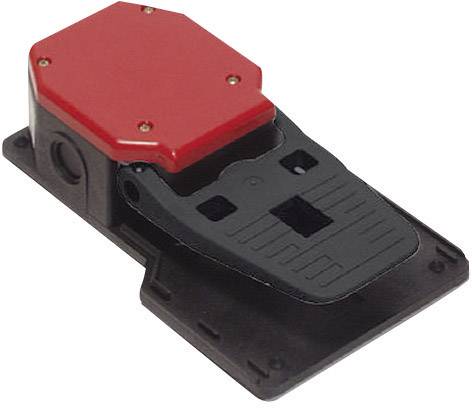 A red and black foot pedal that is likely used for control in industrial or mechanical applications.