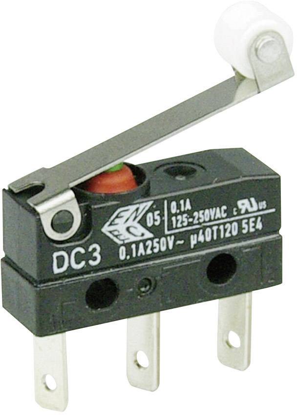 A microswitich with lever and roller, black, marked with 'DC3', for electrical applications, suitable for 0.1A at 250V.